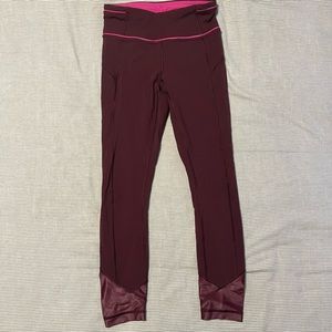 Lululemon Burgundy Leggings Ruched Ankle and Pink Accents | Sz 2